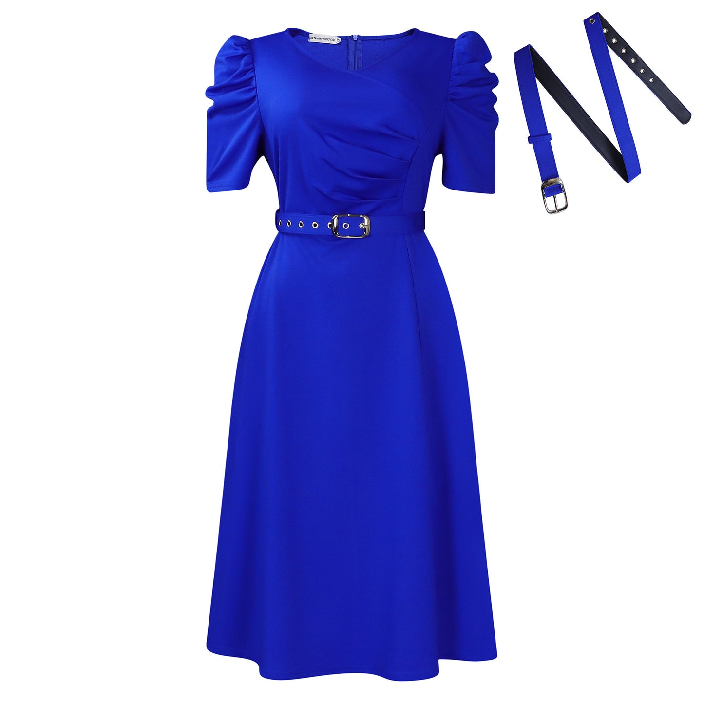 Buy Center Handpicked- Fashionable Temperament Elegant V-neck Pleated Swing Dress Blue Belt