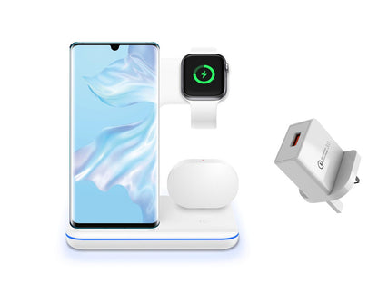 Compatible Mobile Phone Watch Earphone Wireless Charger 3 In 1 Wireless Charger Stand White UK plug Set