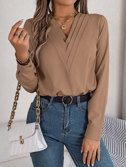 Fresh Arrivals at Buy Center: Fashion V-Neck Long Sleeve Shirt Elegant Commuter Solid Color Blouse Women's Clothing Khaki