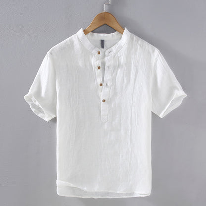 Newly Released at Buy Center: Japanese-style Retro Men's Youth Casual Linen Short-sleeved Shirt White