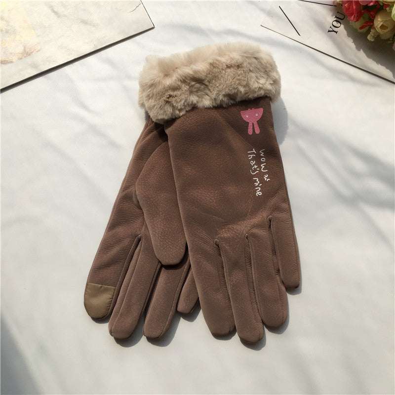 Autumn And Winter Women's Riding Gloves Korean Style Alphabet Cartoon Warm Double Layer Fleece-lined Buy Center