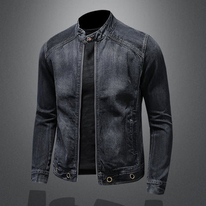 Men's Stand-up Collar Dark Blue Motorcycle Vintage Zipper Denim Coat Buy Center