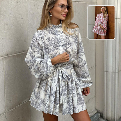 Fresh on the Scene at Buy Center: Ink Print Long Sleeve Short Dress With Fashion Puffy Sleeve Lapel Tie A-Line Dress Clothing