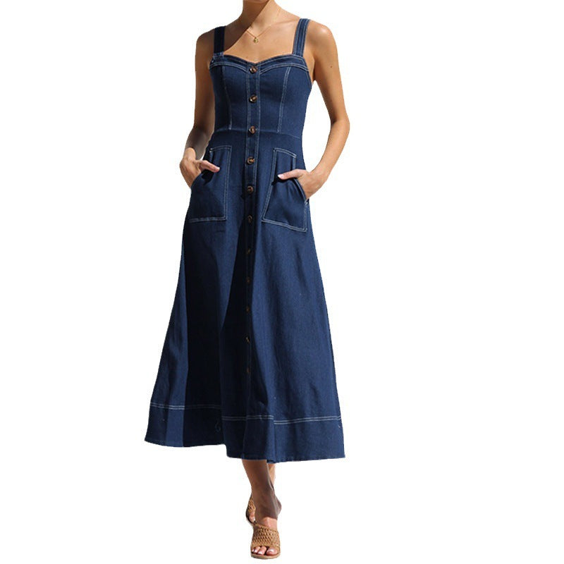 Hot New Items at Buy Center: Cross Border Amazon Independent Station Sling Distressed Casual Style Button Denim Long Dress Dark Blue