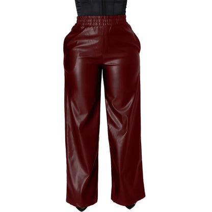 Solid Color Loose Wide Leg Pocket PU Leather Pants Buy Center