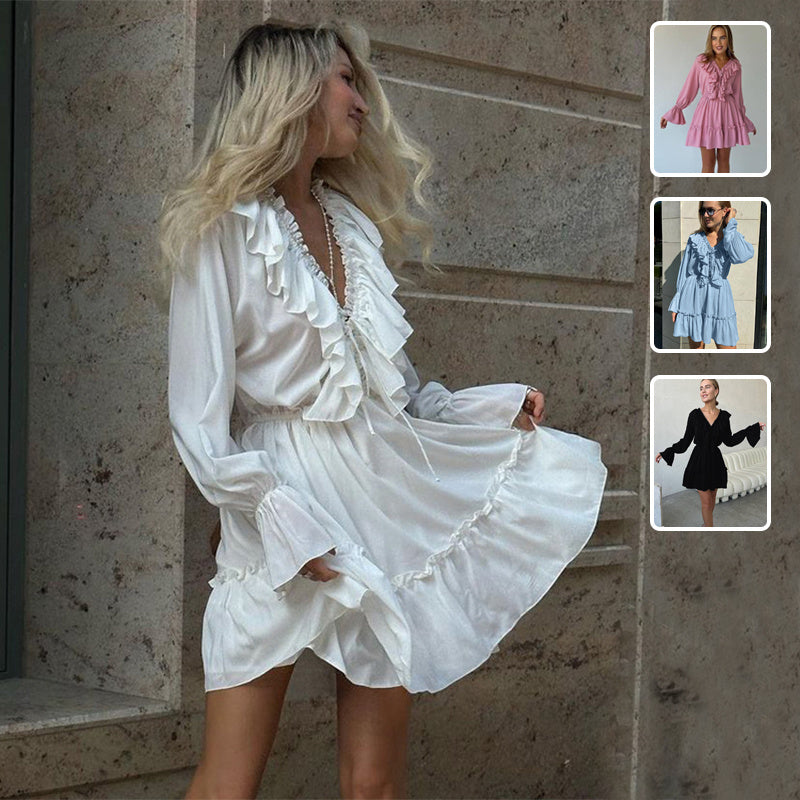 Hot New Items at Buy Center: Fashion V Neck Pleated Ruffle Long Sleeve Dress Y2K V Neck Flared Sleeve Short Dress Women's Clothing