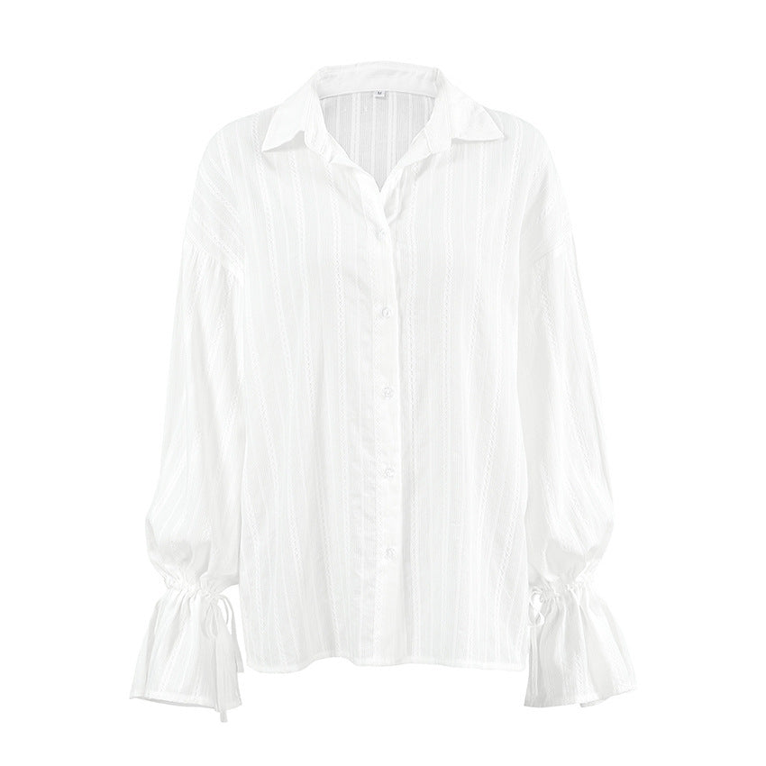 Buy Center Picks-Design Jacquard Tie-neck Flared Sleeves Women's Shirt