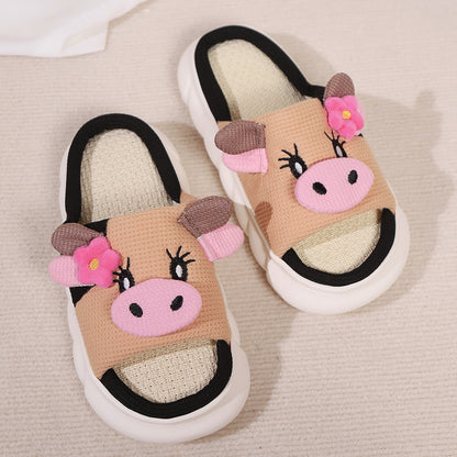 Buy Center Top Rated-Cute Cow Linen Shit Feeling Interior Non-slip Deodorant Outer Wear Platform Slippers Decal Cow Khaki