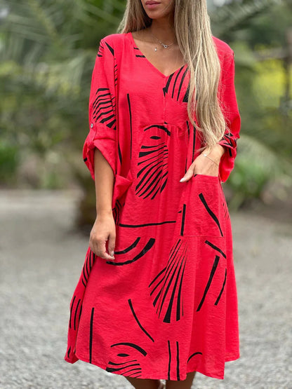 Fresh Arrivals at Buy Center: Fashion Printed V Neck Long Sleeve Dress Casual Loose Straight Dress Women's Clothing Red