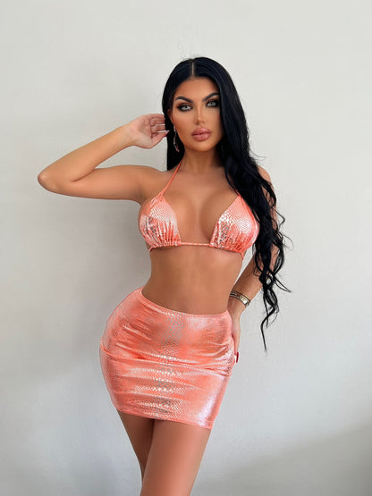 Trending Now at Buy Center: Women's 3 Piece Bathing Suits Halter Snake Pattern Bikini Set With Cover Up Skirt Summer Swimsuit Orange