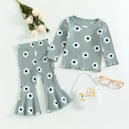 Fresh Arrivals at Buy Center: Girls' Small Sunflower Sunken Stripe Long Sleeve Round-neck Shirt Bell-bottom Pants Two-piece Set Green