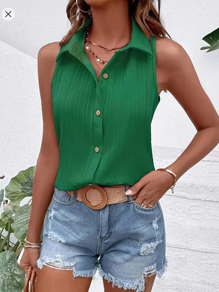 Buy Center Top Pick- Summer Solid Color Sleeveless Button Shirt Green