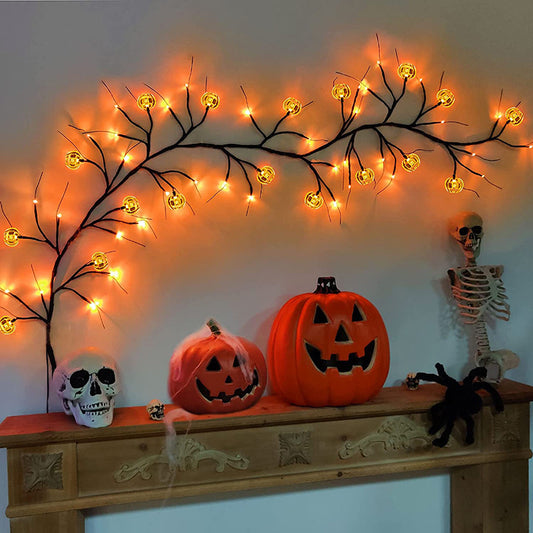 Halloween LED Willow Vine String Light Cool Cartoon Bat Pumpkin Decoration For Indoor Outdoor Party House Decor 18Pumpkin Rattan Lanterns