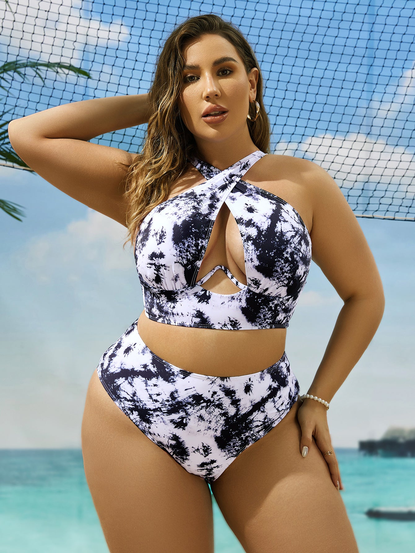 Newly Released at Buy Center: Cross Collar Random Printed Bikini Swimsuit Suit