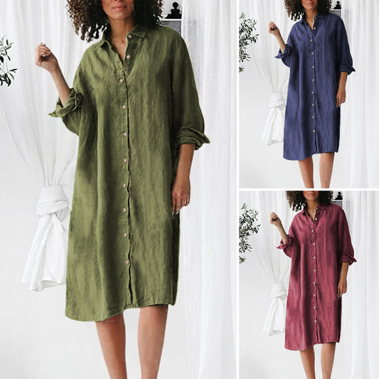 Buy Center Hot Pick-Long Sleeve Lapel Button Shirt Mid-length Dress