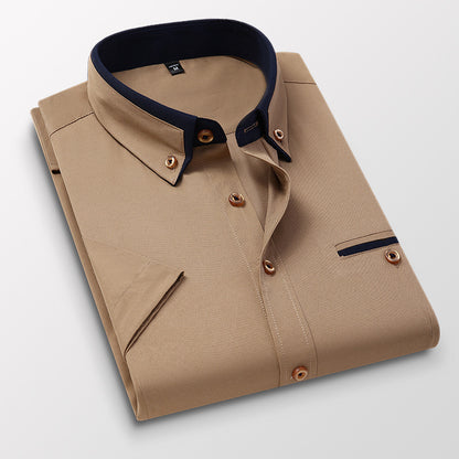 Short-sleeved Short Sleeve Men Clothing Shirt Slim-fitting Iron-free Casual Khaki