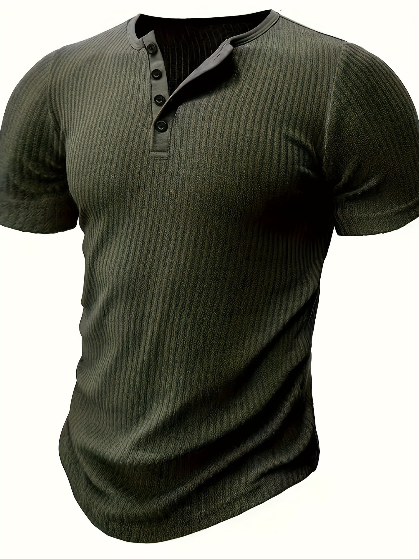 Solid Stripe Pattern Knit Short Sleeve T-shirt With Henley Neck, Chic And Stylish Sports Tops For Men's Summer Leisurewear And Outdoors Activities