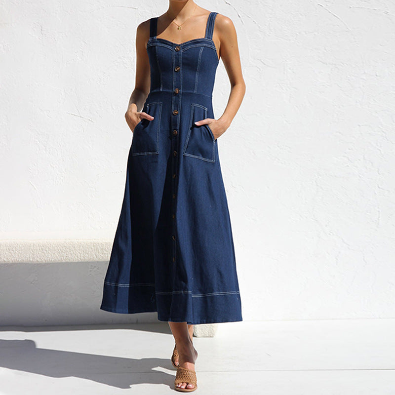 Hot New Items at Buy Center: Cross Border Amazon Independent Station Sling Distressed Casual Style Button Denim Long Dress