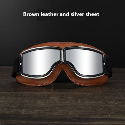 Hot New Items at Buy Center: Men's Retro Outdoor Goggles Brown Leather Frame Silver