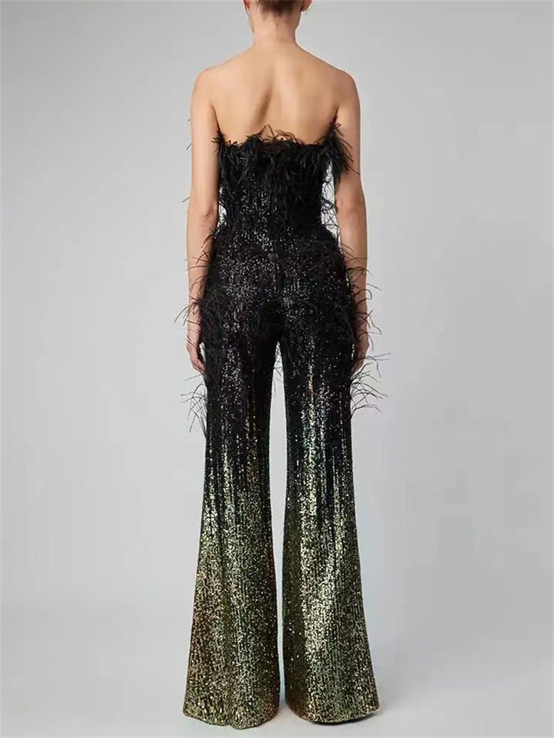 Ostrich Feather Gradient Sequin Tube Top Jumpsuit Buy Center