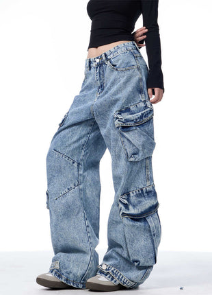 Multi-Pocket Workwear Jeans Women's Loose Wide-leg Pants