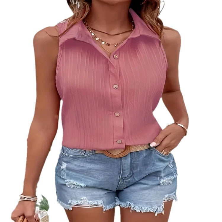 Buy Center Top Pick- Summer Solid Color Sleeveless Button Shirt