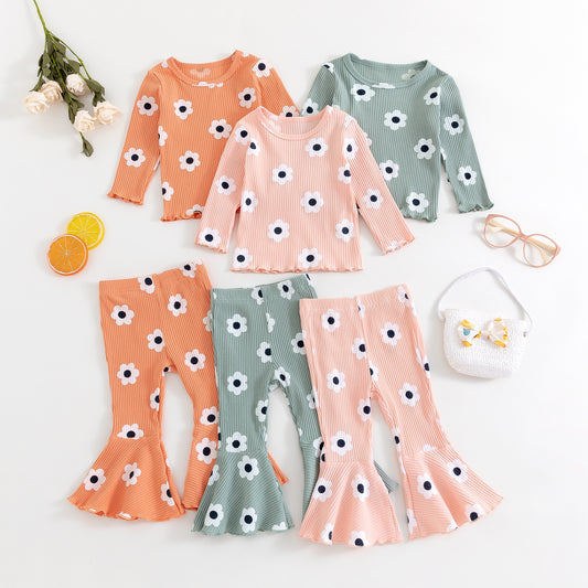 Fresh Arrivals at Buy Center: Girls' Small Sunflower Sunken Stripe Long Sleeve Round-neck Shirt Bell-bottom Pants Two-piece Set