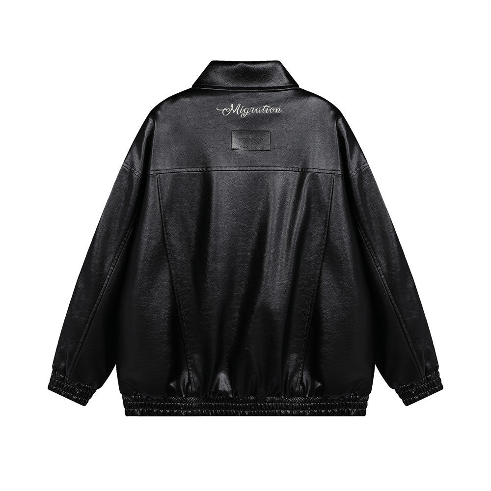 Buy Center Top Rated-Hip Hop American Style Loose Leather Coat Black