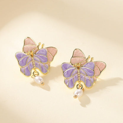 Buy Center Ultimate-French Butterfly Oil Drop Pink Fashionable Retro Hong Kong Style Earrings For Women, Gentle And Super Fairy Pearl Personality Earrings