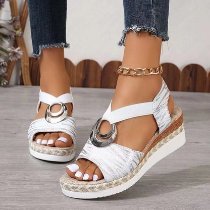 Trending Now at Buy Center: Women's Metal Buckle Hemp Rope Wedge Peep Toe Sandals