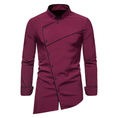 Buy Center Hot Pick-Fashion Stand Collar Multi-button Oblique Placket Dress Shirt Wine Red