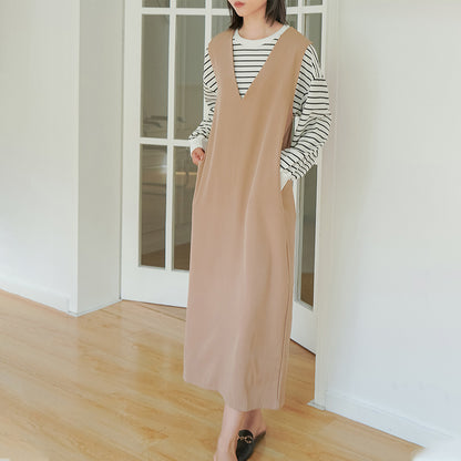 Autumn And Winter Sleeveless V-neck Overknee Long Dress Solid Color Khaki