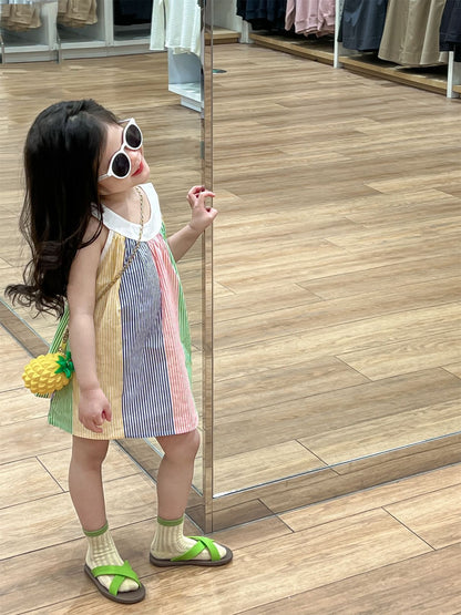 Fresh on the Scene at Buy Center: Girl's Fresh Color Printing Vertical Stripe Sling Dress