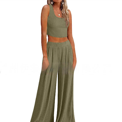 Just Arrived at Buy Center: Pajamas Rib Midriff-baring Top Loose Casual Wide-leg Pants With Pocket Back Army Green