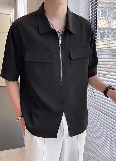 Camisa de trabajo de manga corta con media cremallera para hombre