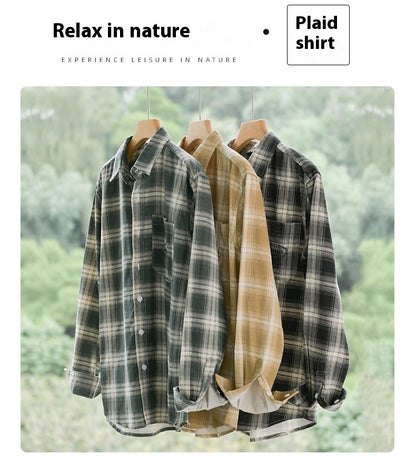 Newly Arrived at Buy Center: Cotton Plaid Long-sleeved Shirt Retro Cotton Brushed Casual Overshirt