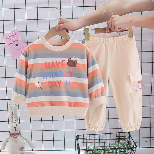 Fresh Arrivals at Buy Center: Baby Color Stripes Cartoon Bear Long Sleeve Two-piece Set Color Stripes Bear Bean Green