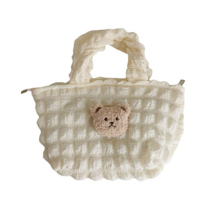 Bolso de mano acolchado con cabeza de oso de peluche tridimensional a cuadros