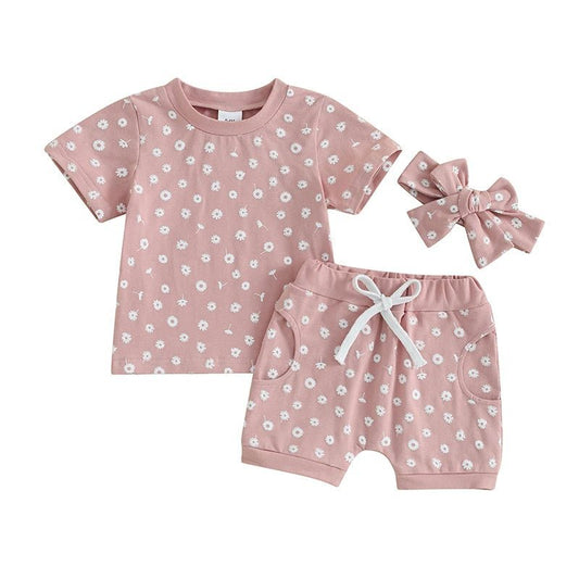 Fresh Arrivals at Buy Center: Girls' Floral Printed Short-sleeved Shorts Headband Suit