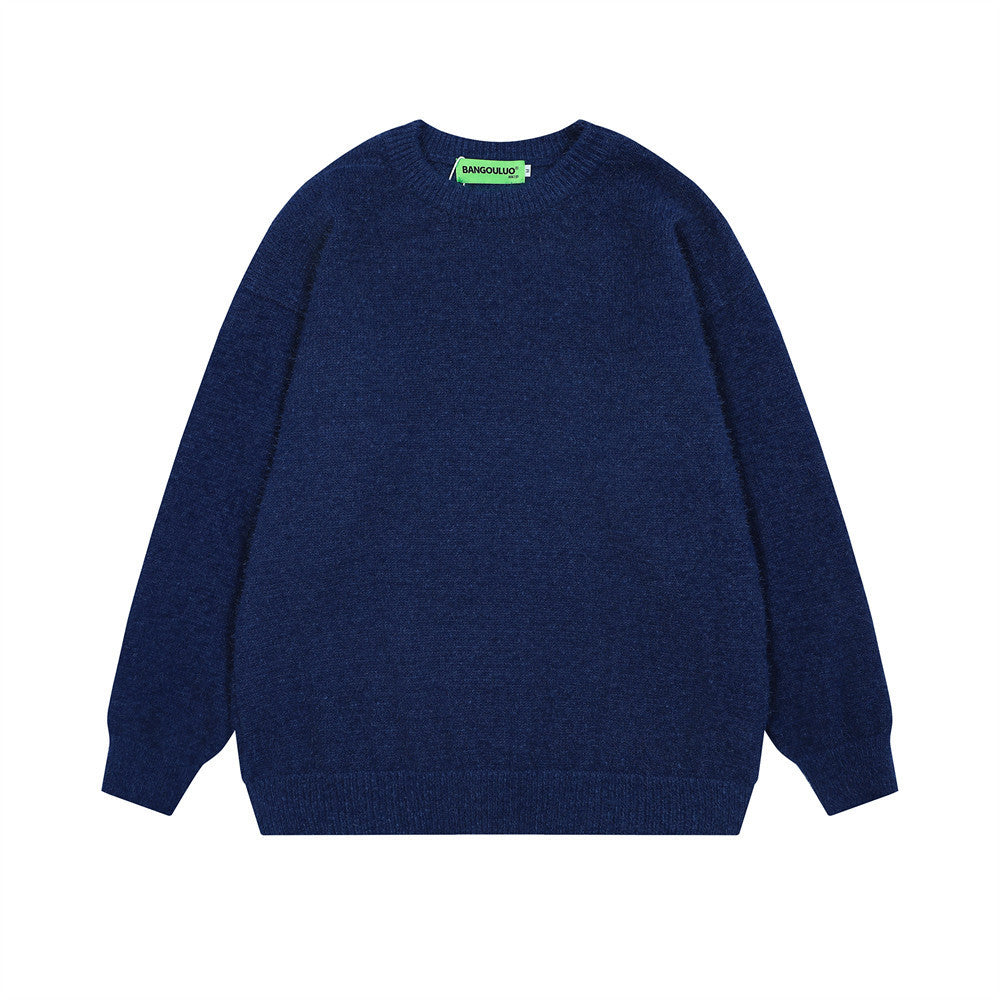 Buy Center Exclusive Offer-Pure Color All-matching Loose And Simple Round Neck Sweater Men's Spring Dark Blue