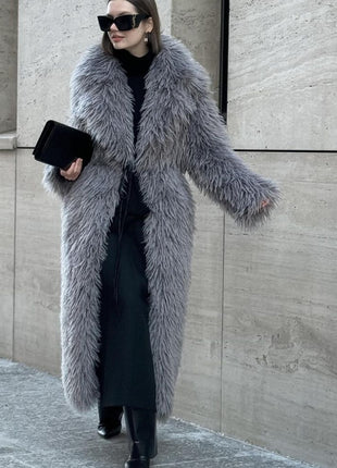 Gray Lapel Extended Plush Coat Warm Thickened Fleece-lined