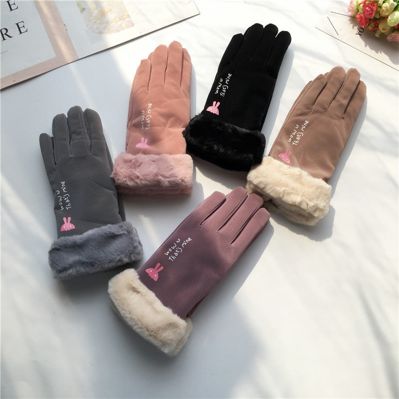 Autumn And Winter Women's Riding Gloves Korean Style Alphabet Cartoon Warm Double Layer Fleece-lined Buy Center