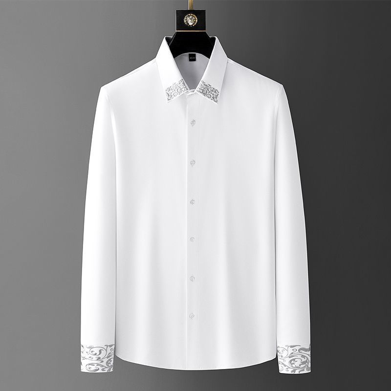 Spring Embroidered Neckline Loose Oversized Shirt Men's Long Sleeve