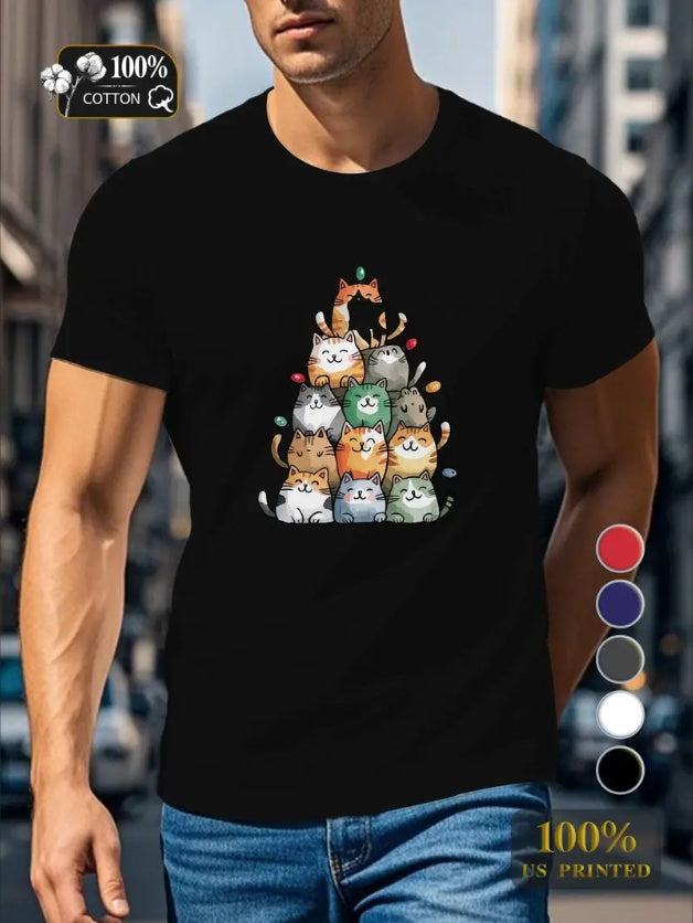 Camiseta cómoda con estampado de gatos navideños para hombre: camiseta informal de cuello redondo, lavable a máquina, ideal para Navidad