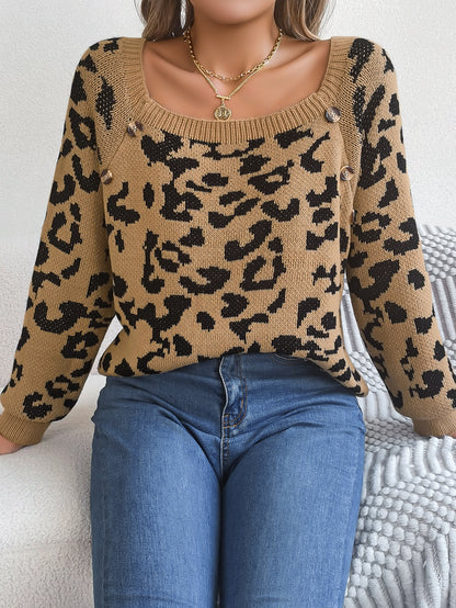 Casual Square Collar Button Contrast Color Leopard Print Long Sleeve Sweater Buy Center