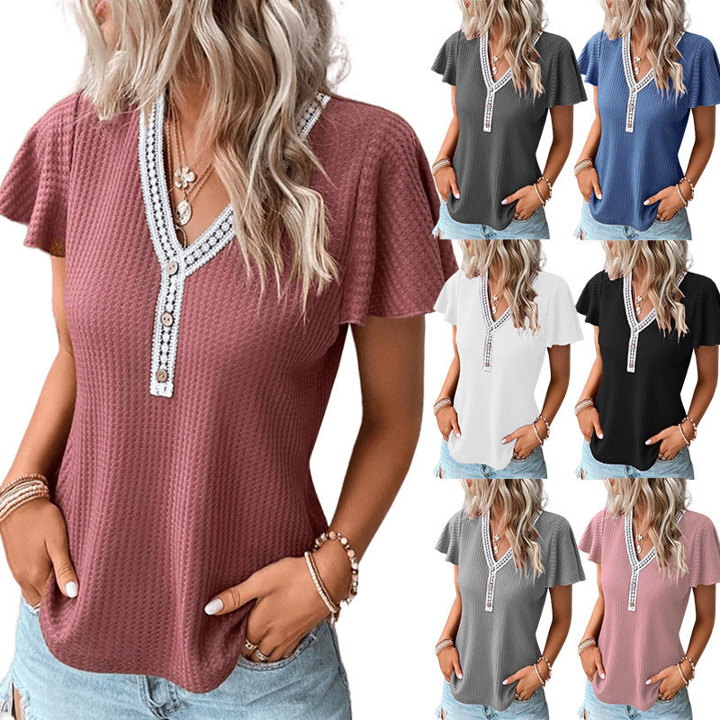 Trending Now at Buy Center: Waffle V-neck Short-sleeved T-shirt