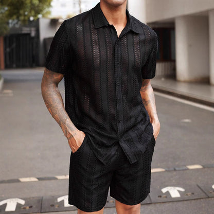 Men's Elegant Lace Translucent Short-sleeved Shirt