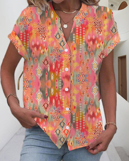 New Cross-border European And American Printed Button V-neck Short-sleeved Top Women's Clothing