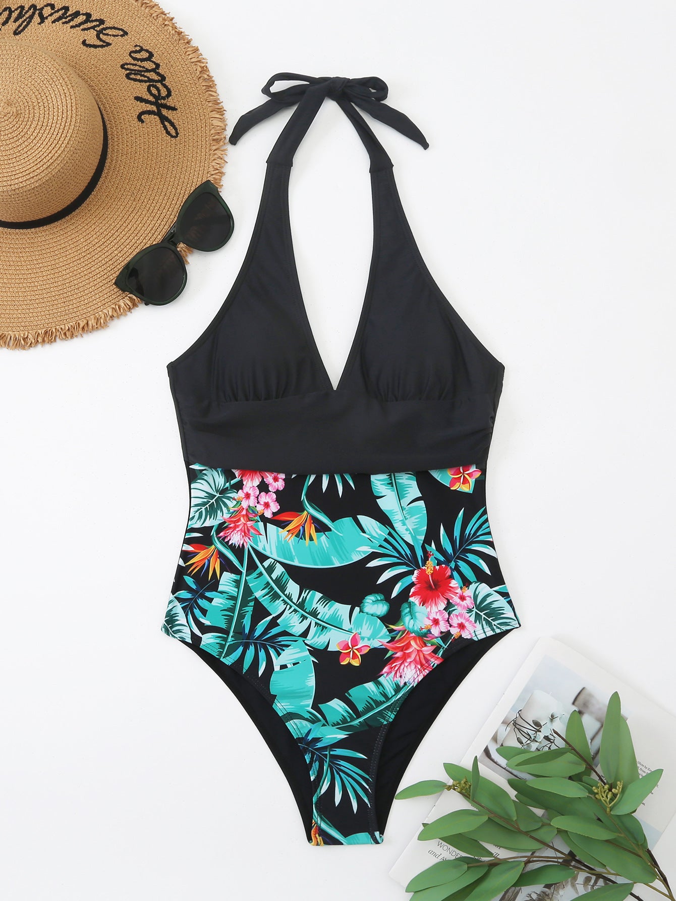 Fresh Arrivals at Buy Center: Multicolor Printing Deep V Big Chest Halter Backless One Piece Swimsuit