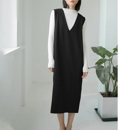 Autumn And Winter Sleeveless V-neck Overknee Long Dress Solid Color Black